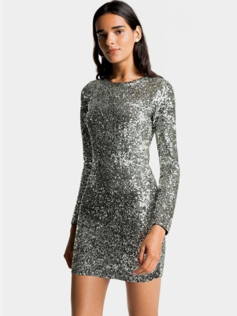 A.L.C. Silver Sequin Long-Sleeve Mini Dress